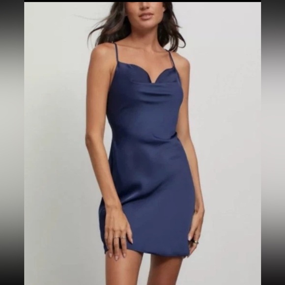 Urban Outfitters Dresses & Skirts - Urban Outfitters Sleeveless Cowl Neck Satin Slip Mini Dress Navy Blue Sz SP NWOT